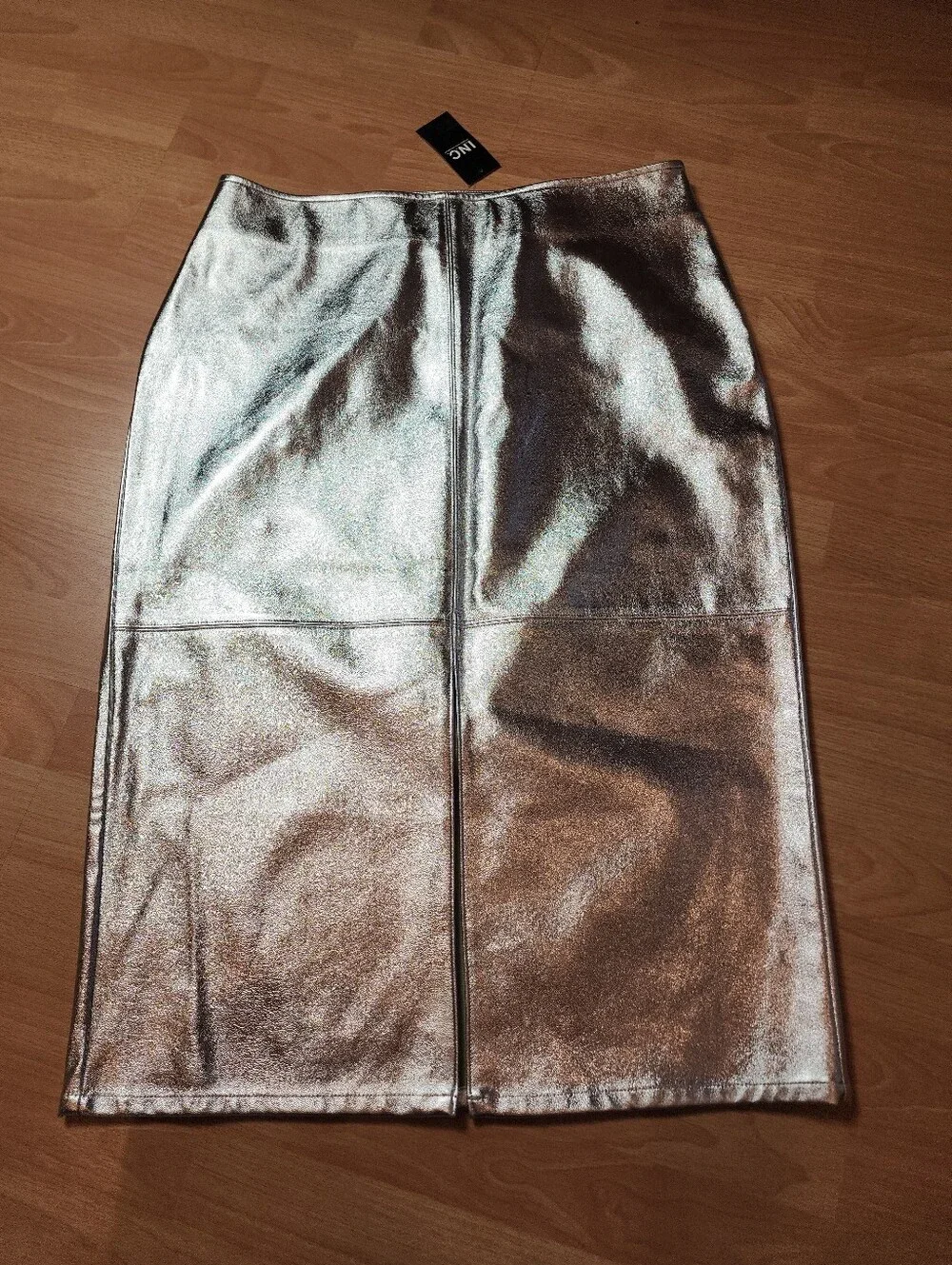 NWT Macy's INC Silver Metallic Faux Leather Front Slit Pencil Midi Skirt Size 12